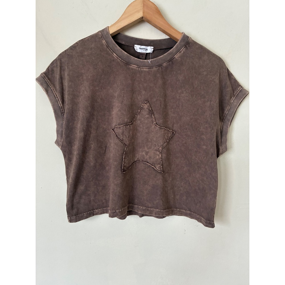 Hashttag in Trend Grunge Celestial Mineral Wash Star Patch Tee Brown Boxy top S